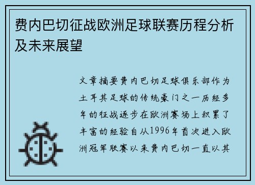 费内巴切征战欧洲足球联赛历程分析及未来展望